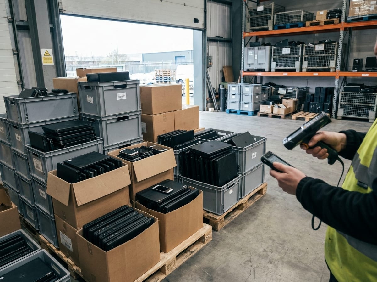 Ausgemusterte Firmen-Notebooks und Smartphones bei der Erfassung im Wareneingang