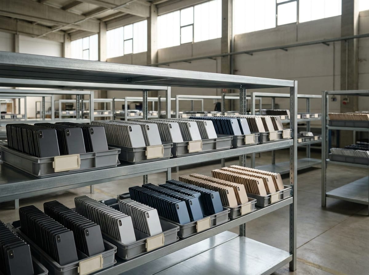 Aufbereitete Smartphones nach Modell und Farbe sortiert im Lager